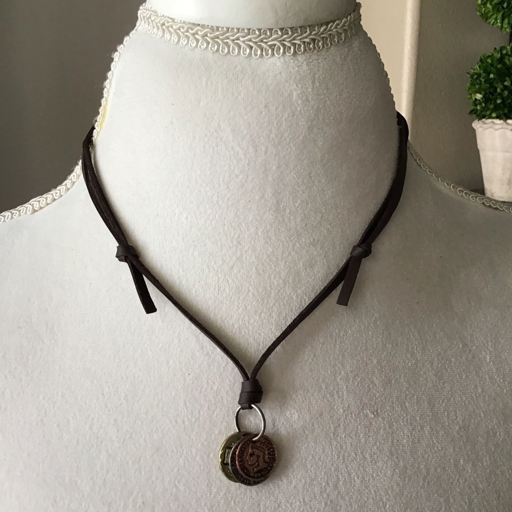 Leatherette ADJUSTABLE Necklace 3 Faux Coins Surfer Boho Style Unisex Slide NEW - Picture 1 of 13
